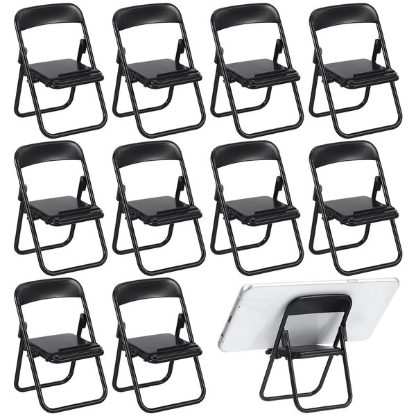 DEARMAMY 12Pcs Miniature Chair: Miniature Folding Chairs Doll House Folding Chair Phone Stand Mini Plastic Chair Foldable Black for Mini House Miniature Furniture Accessories Decoration