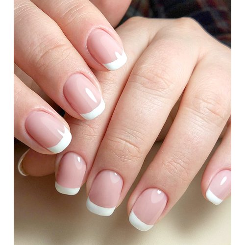 Morily Press on Nails Short, Pink French Tip Squoval Fake False Nails Glossy Square Shaped Stick on Nails for Women in 12 Sizes - 24Pcs Nail Kit