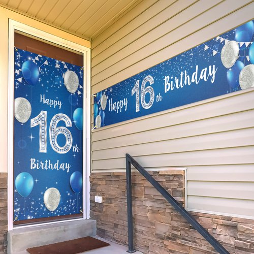 Happy 16th Birthday Door Cover Porch Banner Sign Set - 16 Years Old Birthday Decoraions Party Supplies for Men - Blue