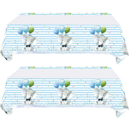HJFZLY 2 Pcs Baby Shower Table Cover Decorations, Blue Elephant Party Tablecloth Table Cover, Blue Elephant Birthday Party Supplies Decorations for Baby Boy (71in x 42in)