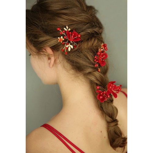 FXmimior Bridal Hair Accessory, Red Flower Hair Comb with Rhinestones and Pearls for Women, Bride, Prom, Party, Evening