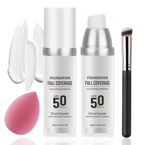 2PCS Color Changing Foundation Set with Foundation Brush and Makeup Sponge,SPF 50 PA+++ Oil Control Full Coverage Liquid Foundation Makeup,Flawless Moisturizing Concealer for All Skin Types