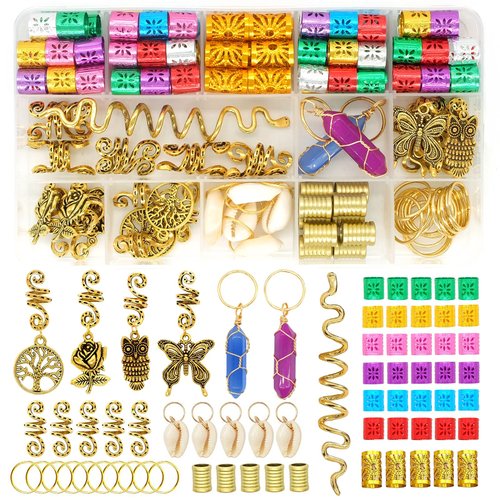 125 Pcs Dreadlocks Loc Hair Jewelry for Women Braids Hair, Crystal Gemstone Pendant Hair Accessories, Gold and Colorful Hair Rings for Braids, Cute Hair Pendants Butterfly Rose Shell and Snake