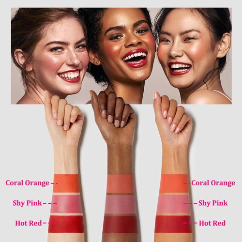 3PCS Blush Stick for Cheeks,Multi-use Solid Matte Makeup Stick Blush Cream for Cheek Eyes and Lips Tint,Moisturizing Tinted Cream Blush,Natural Blendable Cheek Blusher with 3 Makeup Sponges