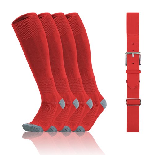 QBK Toddler Baseball Socks And Belt Youth Softball Tee Ball Combo Set for Boy Girl (2 Pairs of Socks & 1 Belt) Red 5-7T