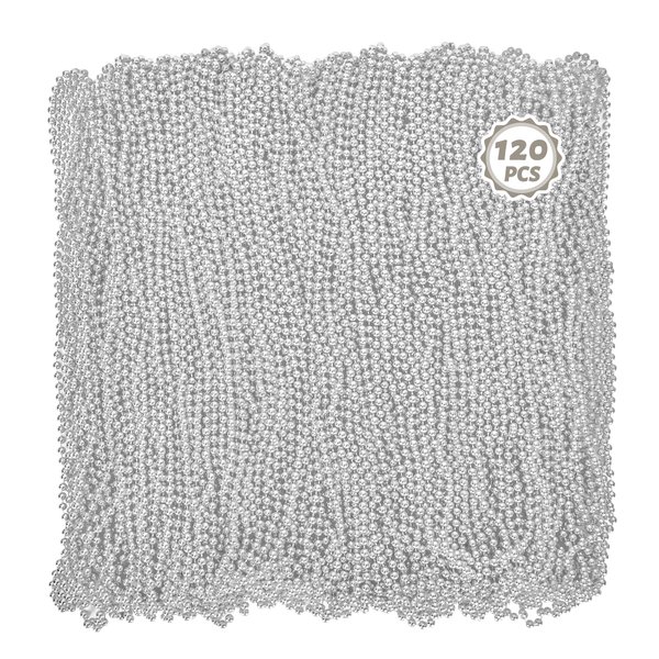 Mardi Gras Beads Necklaces, 120PCS Bead Necklace, 33 IN Mardi Gras Beads, Silver Party Beads, Parade Throws Bulk for Christmas Pirate Baby Shower Wedding Birthday Party Favors Supplies Decor
