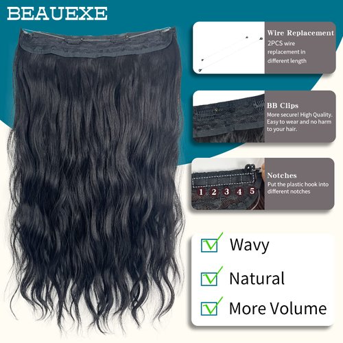 BEAUEXE Invisible Wire Halo Hair Extensions for Women Long Wavy Adjustable Hair Pieces Removable Secure Clips Hairpieces Secret Extensions 20'' (Black), 1.0 Count