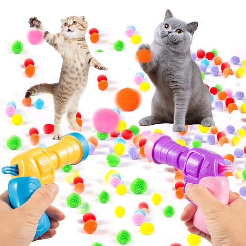 Cat Toys Gun Launcher,100Pcs Cat Toy Balls and 2PCS Cat Ball Launcher, Cat Fetch Toy Gun Shooter, Kitten Toys for Indoor, Plush Ball Shoot Gun Cat Gifts