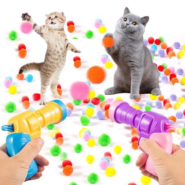 Cat Toys Gun Launcher,100Pcs Cat Toy Balls and 2PCS Cat Ball Launcher, Cat Fetch Toy Gun Shooter, Kitten Toys for Indoor, Plush Ball Shoot Gun Cat Gifts