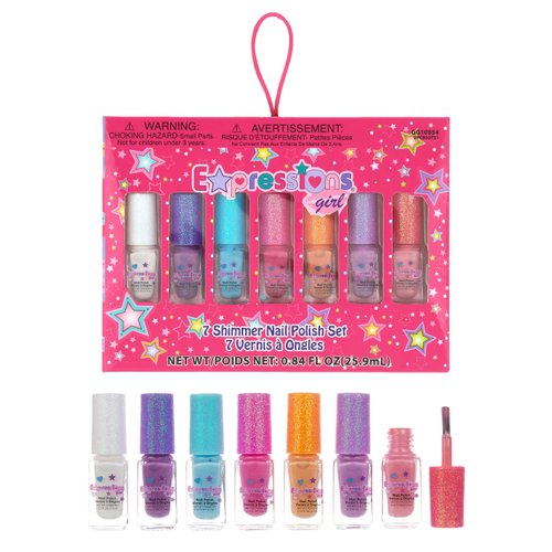 Expressions 7pc Shimmer Nail Polish Set- Glitter Cap Shimmering Nail Polish Set for Girls & Teens, Safe and Non-Toxic Nail Polish Kit for Kids