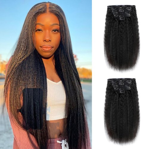 Kinky Straight Clip in Hair Extensions Real Human Hair 7Pcs 120g OQ Hair Kinky Straight Clip Ins Full Head Double Weft Brazilian Virgin Hair Extensions for Women Natural Black 7Pcs 120g 22Inch