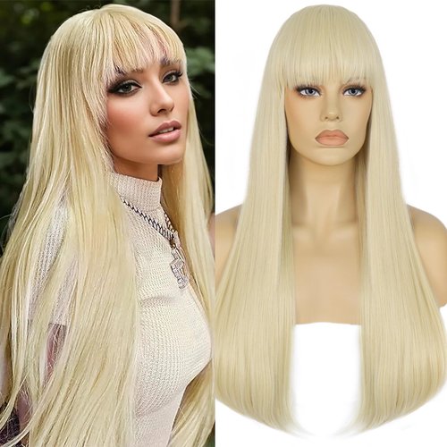Ebingoo 26 inch Platinum Blonde Wig with Bangs for Women+Wig Cap Long Blonde Wig Straight Blonde ...