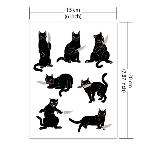 WIRESTER Temporary Tattoo Stickers for Girls Boys Kids Adults, Fake Tattoos on Face Hand Neck Wrist Party Favor Body Art, Tattoo Sheet 6 x 7.87 inch - Black Cats With Knife
