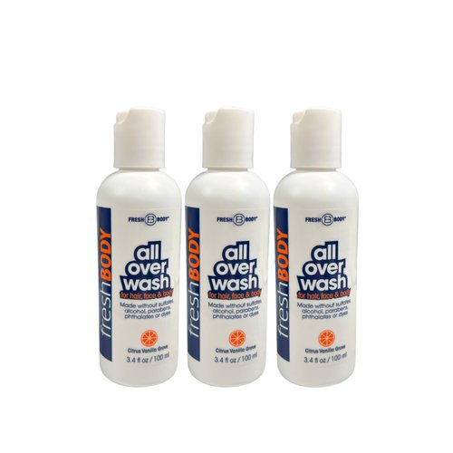 Fresh Body FB All Over Wash for Hair, Face & Body - Citrus Vanilla Grove, 3.4oz (3 Pack) Travel Size Body Wash for Men & Women, No Alcohol, Sulfates, Dyes or Parabens