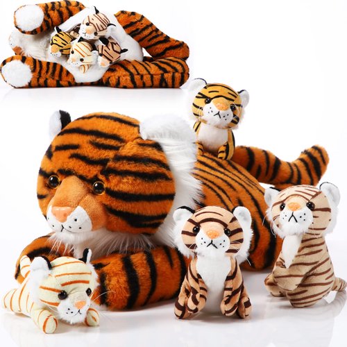Threan 5 Pcs Tiger Stuffed Animals Christmas Plush Toy Set 16 Inch Stuffed Mommy Tiger with 4 Cute Plush Tiger Babies in Belly for Kids Boys Girls Birthday Christmas Party Favors(Cute)