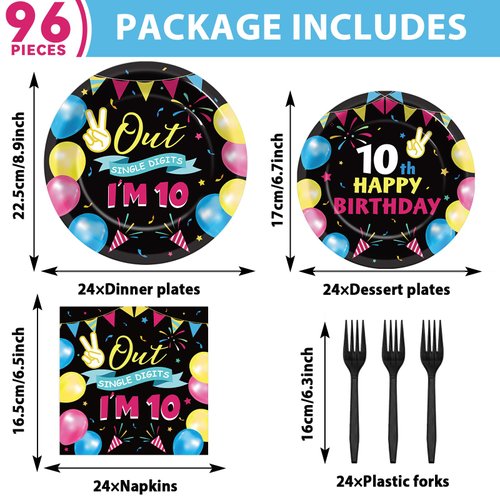 96pcs 10th Birthday Party Plates and Napkins, Colorful Out Single Digits I'm 10 Birthday Decorations for Girls Boy Double Digits 10 Party Dessert Plates, Happy 10 Years Old Tableware Decor, Serves 24