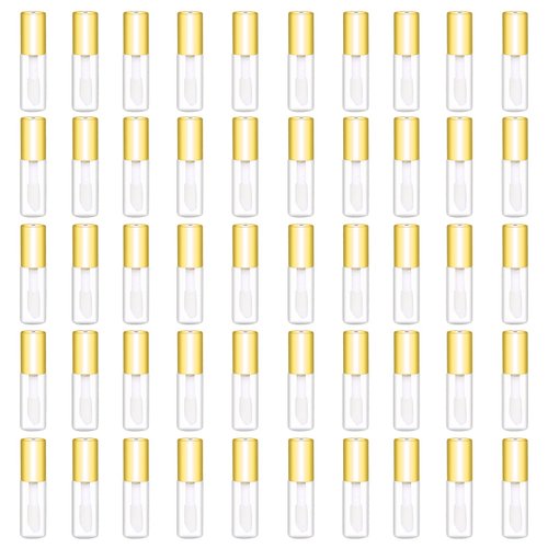 Mydio 50 Pack 1.2ML Clear Mini Lip Gloss Tube Empty Lip Balm Containers With Gold Lid for Lipstick (Gold)