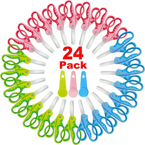 Kids Scissors,Kids Scissors Bulk,Kids Safety Scissors With Cover,School Student Scissors Soft Comfort-Grip Handles Blunt Tip Scissors For Kids Children Scissors Set 24-Pack