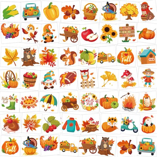 HOWAF 96 Pieces Fall Temporary Tattoos, 48 Styles Autumn Harvest Temporary Tattoos Stickers for Kids, Thanksgiving Fake Tattoos with turkeys, owls, squirrels, pumpkins, maple leaves design for Happy Fall Decoration
