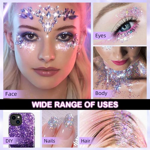 Holographic Body Glitter Gel for Body, Face, Hair and Lip,Long Lasting Waterproof Laser Glitter Gel Festival Party Rave Accessories, Color Changing Glitter Under Light-1.35 Oz(3# Neon Violet)