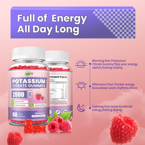 Potassium Citrate Supplement 2000mg,Potassium Citrate Gummies for Men & Women,Support Muscle &Immune, Vegan, Gluten Free, Sugar Free,Raspberry Flavor,60 Count(Pack of 1