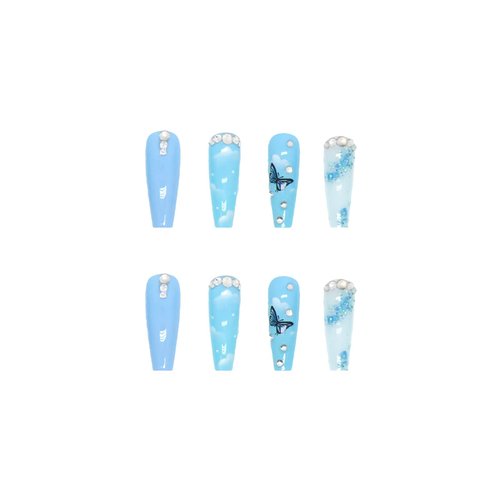 BABALAL Coffin Press on Nails Long Fake Nails Glossy Blue Glue on Nails Butterfly Ballerina Acrylic Nails 24Pcs Rhinestones Manicure Thanksgiving Stick on Nails for Women and Girls