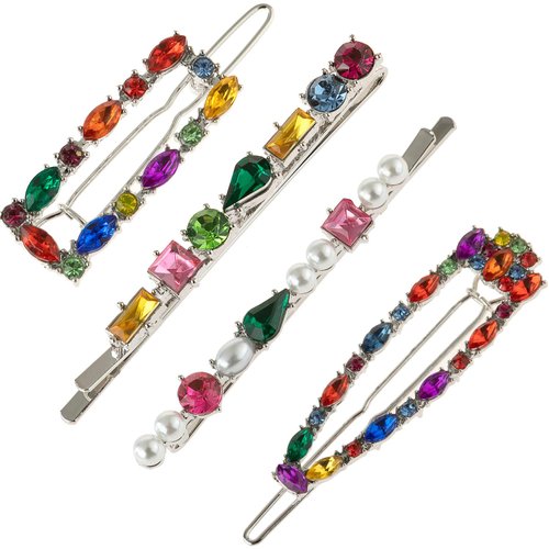 4Pcs Vintage Colourful Rhinestones Hair Clips, Duckbill Alligator Hair Pins, Crystal Pearl Hair Barrettes, Elegant Metal Bobby Hairpin Hair Accessories Headwear Styling Tools for Women Girls