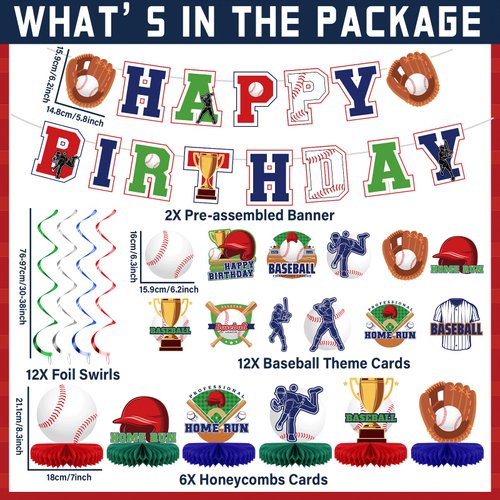 44 Pcs Baseball Party Decorations Happy Birthday Banner Sports Theme Hanging Swirls and Honeycomb Centerpieces Baseball Birthday and Gameday Celebration Decors for Kids Boys Baby Shower Party Supplies
