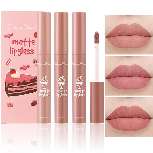 Tiejdhr 3Pcs Nude Matte Lipstick Set, Ice Cream Velvet Smooth Matte Lip Gloss, 24 Hour Natural Long Lasting & Nourishing Lip Glaze Non-stick Cup for Women Makeup (Set B)