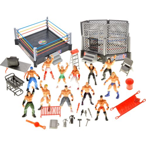 PowerTRC 32 Pieces Wrestling Toys, Wrestler Play Set with 2 Wrestle Rings (Hexagon & Square), 12 Wrestlers, 18 Accessories, Toy Figures Cake Topper Birthday Party Decoration Gift Toy for Kids