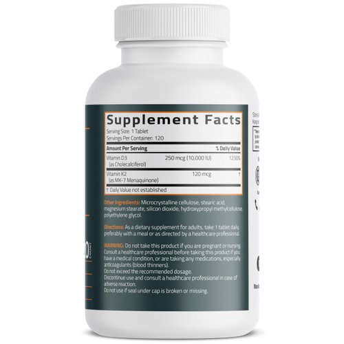 Bronson Vitamin K2 (MK7) with D3 Supplement Extra Strength 2 in 1 Support, 10,000 IU Vitamin D3 & 120 mcg K2 MK-7, 120 Tablets