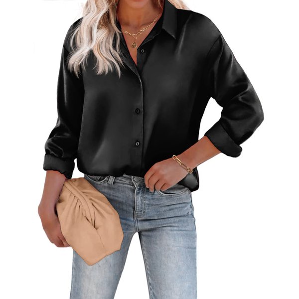 Chigant Women's Satin Silk Long Sleeve Button Down Shirt Formal Work Blouse Top (Black,Medium)