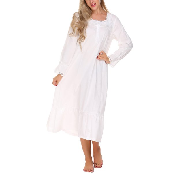 Ekouaer Sleepshirt Womens Long Sleeve Night Gowns Cotton Sleep Dress (1-White, Small)