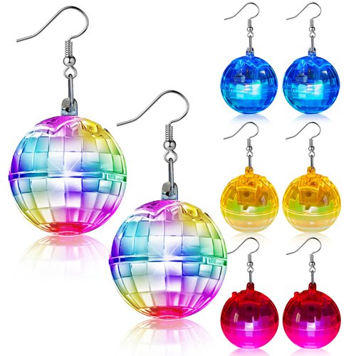 Henoyso 4 Pairs Light up Disco Ball Earrings LED Light Earrings 60s 70s Earrings for Women Girls Bachelorette Party Dance Party Christmas Costume Accessories (Bright Colors, Short)