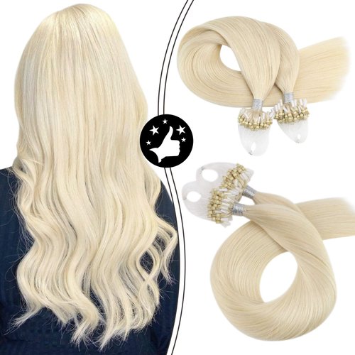Moresoo Micro Ring Hair Extensions Blonde Human Hair Micro Beads Hair Extensions Platinum Blonde Micro Link Extensions Blonde #60 50G/50S 18In