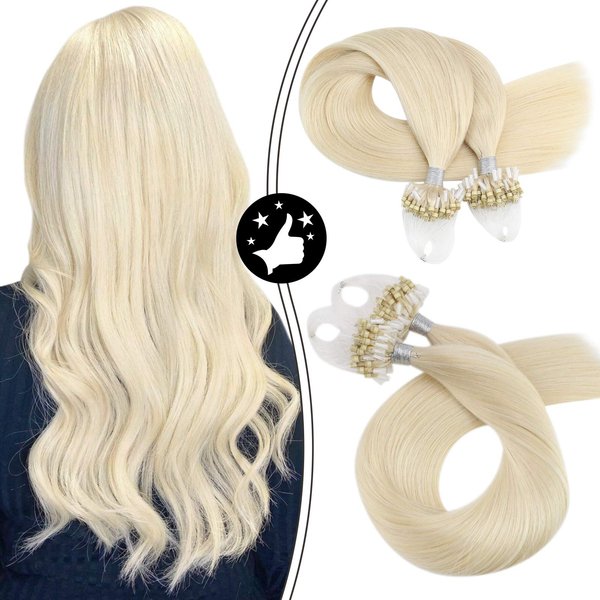 Moresoo Micro Ring Hair Extensions Blonde Human Hair Micro Beads Hair Extensions Platinum Blonde Micro Link Extensions Blonde #60 50G/50S 18In