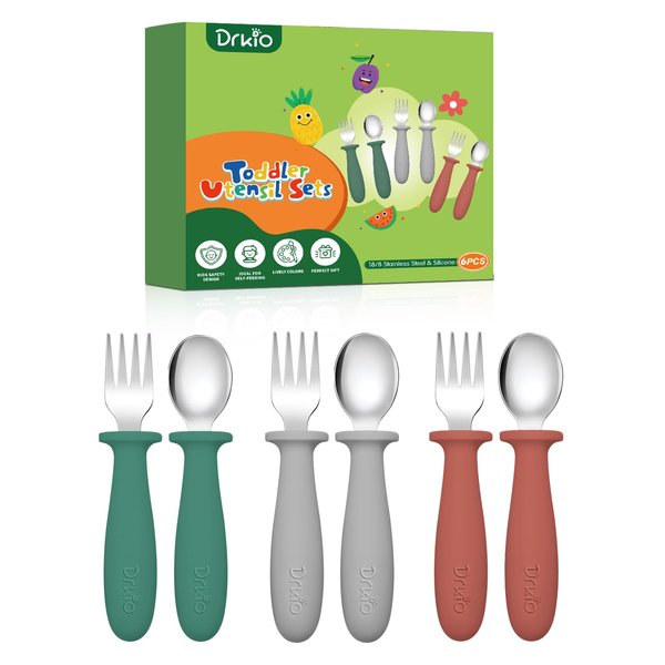 DRKIO 6 Pieces Toddler Utensils Set - Kids Silverware Set with Silicone Handle Children Safe 18/8 Stainless Steel Forks and Spoons Anti-Choke Design Food Grade Dishwasher Safe