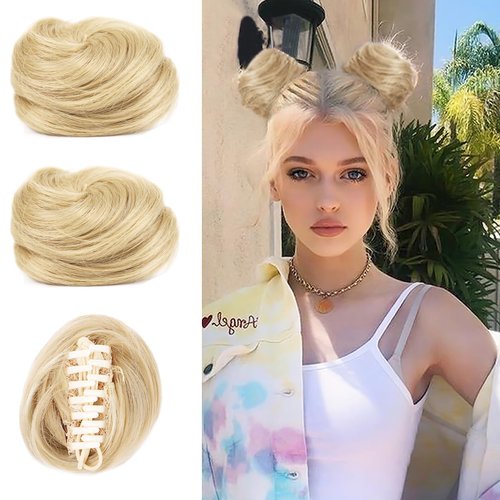 BASEMMAHER Mini Claw Clip in Messy Space Bun Hair Pieces, Cat Ears Fake Synthetic Hair Chignon Donut Hair Extensions Wig Accessory Updo Hairpieces for Women Girls 2pcs (Wavy - Light Golden Blonde)