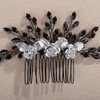 Rumtock Black Rhinestones Beads 3D Petal White Flower Silver Hair Comb for Wedding Brides Women Banquet Vintage Hair Accessories (Black)