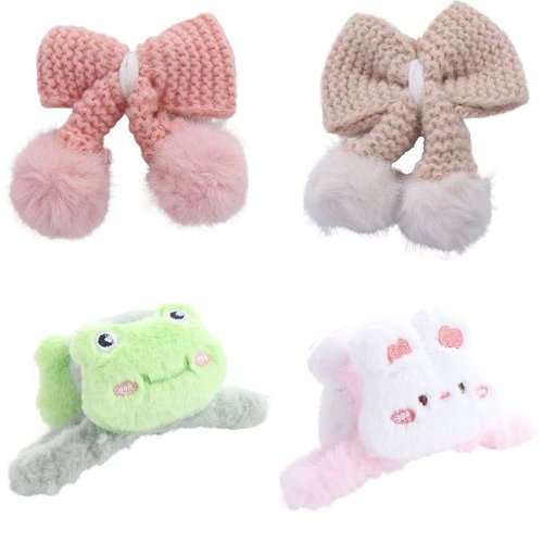 Cute Cartoon Rabbit Frog Plush Hair Claw Acrylic Shark Clip Cross Hair Clips Knitted Bow Duckbill Clip Creative Bowknot Plush Ball Hairpin Barrettes Hair Side Clip Winter Headwaer
