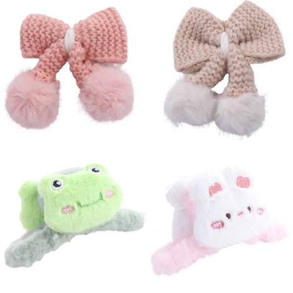 Cute Cartoon Rabbit Frog Plush Hair Claw Acrylic Shark Clip Cross Hair Clips Knitted Bow Duckbill Clip Creative Bowknot Plush Ball Hairpin Barrettes Hair Side Clip Winter Headwaer