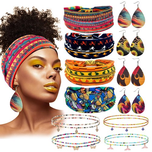 PLANTURECO Leather Earrings and Body Chain with Boho Headband Head Wrap Jewelry Set for Women