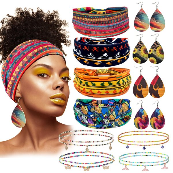 PLANTURECO Leather Earrings and Body Chain with Boho Headband Head Wrap Jewelry Set for Women