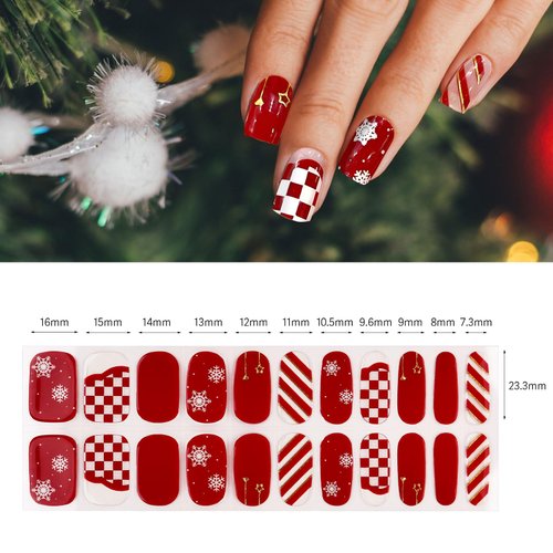 22pcs Semi Cured Gel Nail Strips Christmas Red White Snowflakes Holiday Gel Nail Wraps Including Nail File Wood Stick (Red)