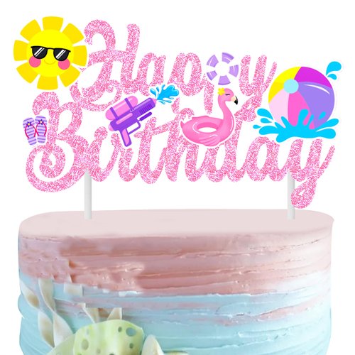 Pool Party Birthday Cake Topper Summer Pool Birthday Party Decorations Pink Glitter Summer Beach Happy Birthday Cake Topper Decorations for Boys Girls Summer Holiday Birthday Party Favor Supplies