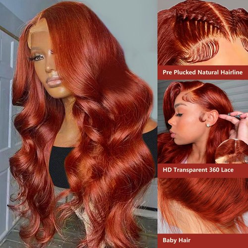 Reddish Brown Lace Front Wigs Human Hair Pre Plucked 360 Auburn Colored Human Hair Lace Front Wigs Body Wave Glueless Wigs Human Hair 200 Density HD Lace Frontal Human Hair Wig 22 Inch
