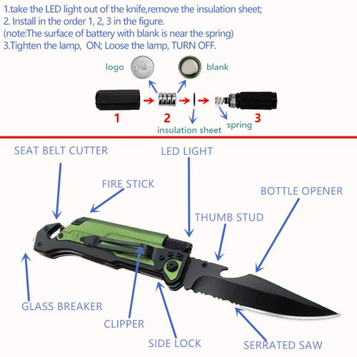 7-in-1 Dispatcher Tactical Knife with Glass Breaker, Seatbelt Cutter,Steel Serrated Blade,Flashlight,Fire Starter,Bottle Opener and Carrying bag, Good for Military Emergency Outdoor Rescue (Black)
