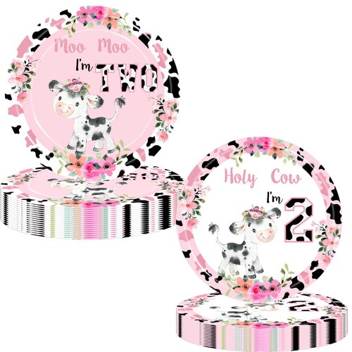 80 Pcs Holy Cow I'm Two Girls Birthday Decorations Moo Moo I'm Two Paper Dinner Plates Napkins Forks Dinnerware for Farm Animals Cow Themed Girls 2nd Birthday Party Supplies