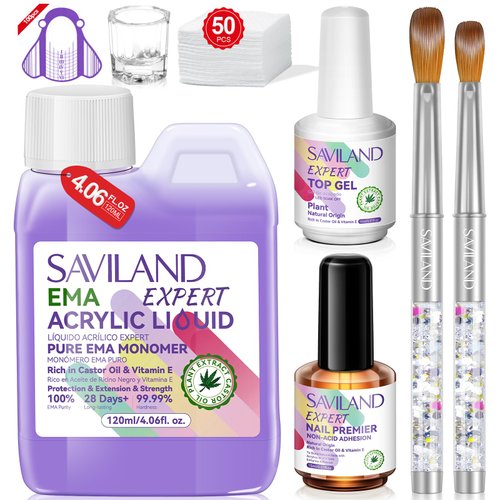 Saviland EMA Odorless Monomer Acrylic Liquid: 4 oz Acrylic Nail Monomer for Acrylic Powder, Premium Acrylic Nail Brush Nail Primer Top Gel, Acrylic Nail Kit for Manicurist
