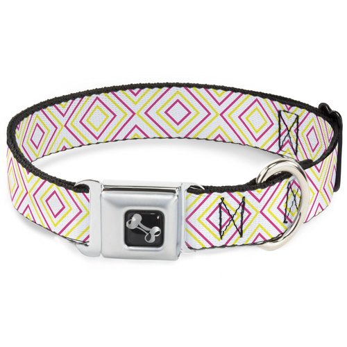 Dog Collar Seatbelt Buckle Square Lines White Fluorescent Orange Pink Yellow 9 to 15 Inches 1.0 Inch Wide